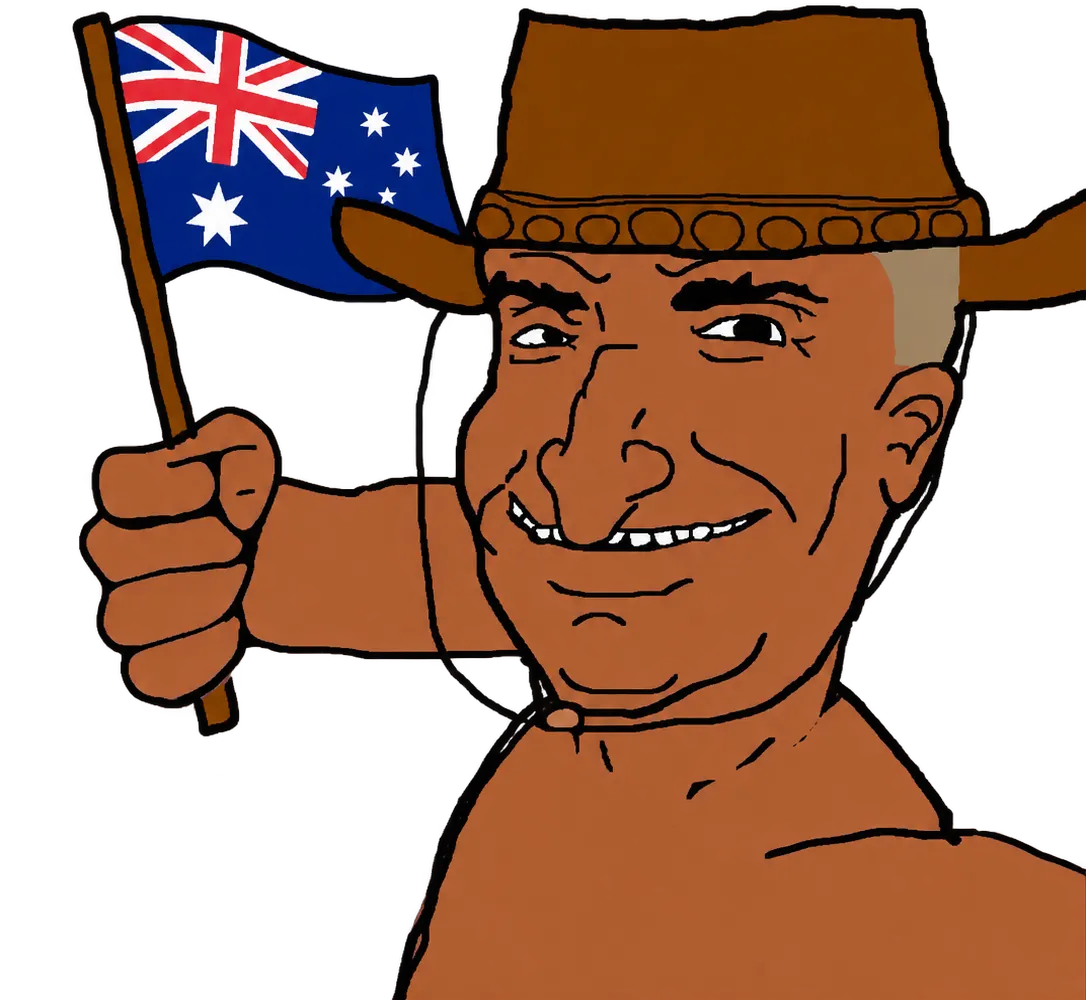 A cartoon bushman in a croc-tooth hat waving an Australian flag